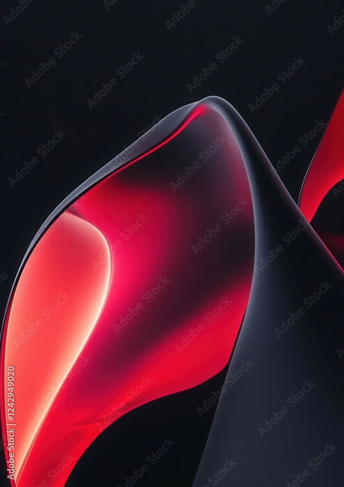 Poster abstract digital art piece with a dark background. the focal point of the image is a curved red and 