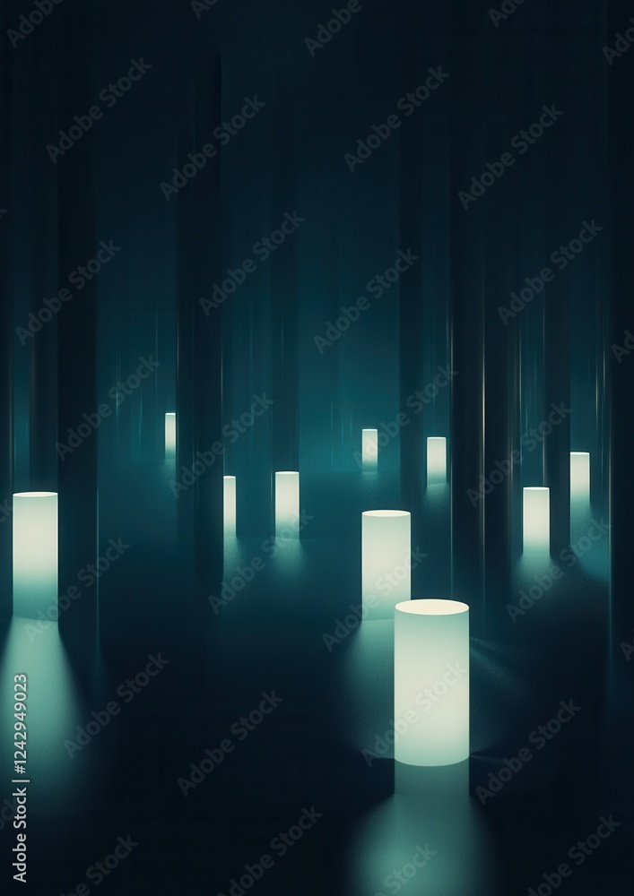 Poster dark room with a row of white cylindrical objects in the center.