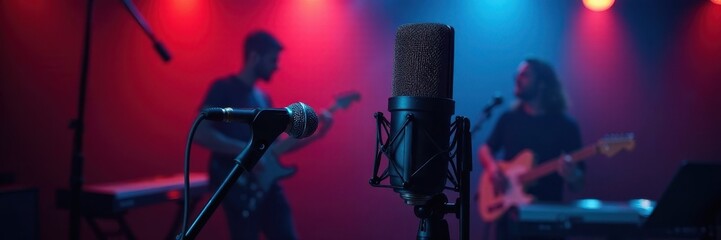 Studio shot of assorted condenser and dynamic microphones for live music performance , studio gear, audio, stage