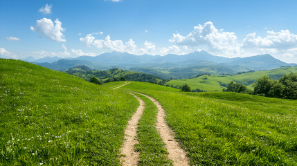 Fototapeta premium Winding path through grassy hills, mountain backdrop, sunny day; travel poster