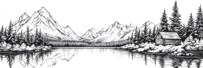 Mountain Lake Cabin Scene Serene Winter Landscape