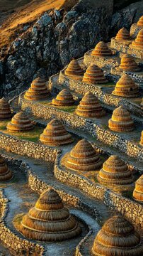 Intricate stone terraces with conical straw structures in a mountainous region at sunset