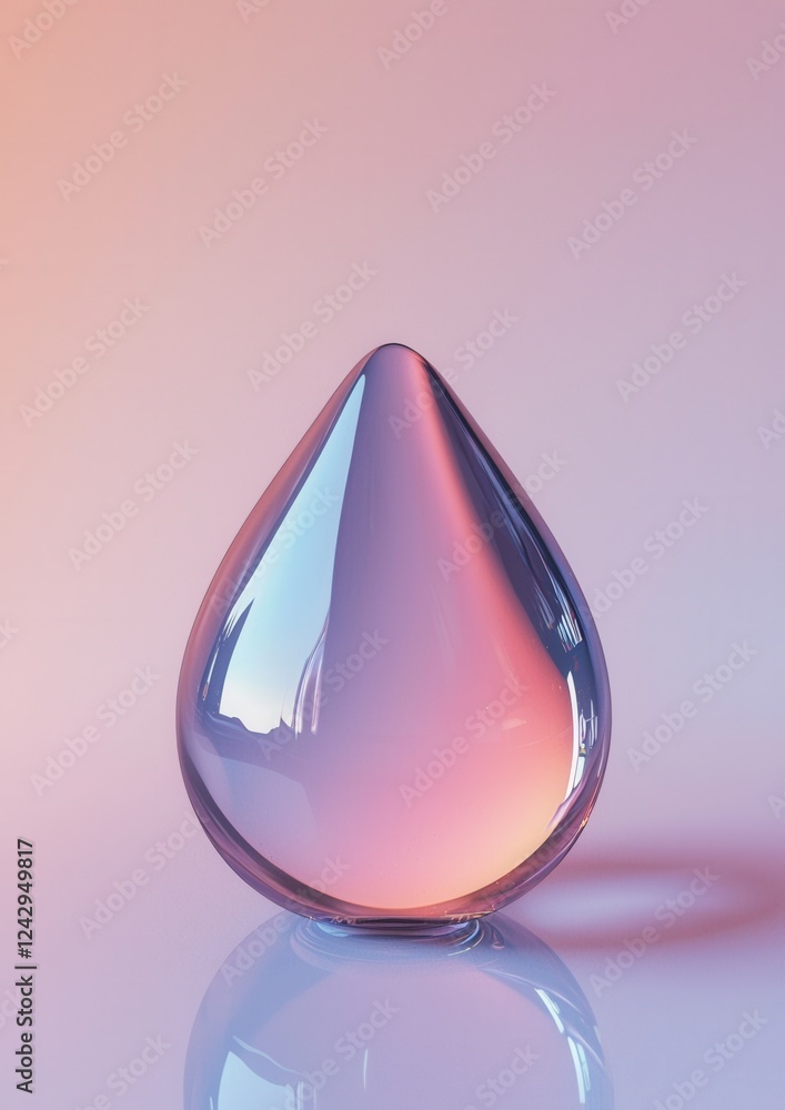 Poster 3d rendering of a single drop of water on a reflective surface. the drop is in the shape of a teardr