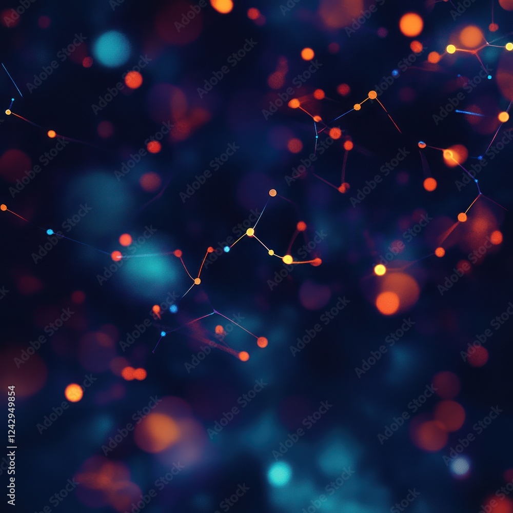 Poster abstract network of orange and blue dots connected with lines, blurred bokeh effect, background for 