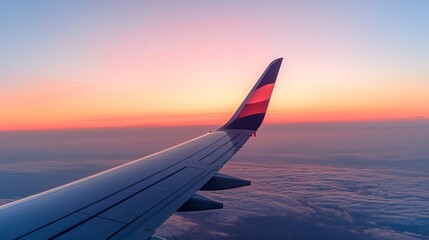 Obraz premium Airplane Wing Sunset Cloudscape Aerial View Pink Sky Travel Photography