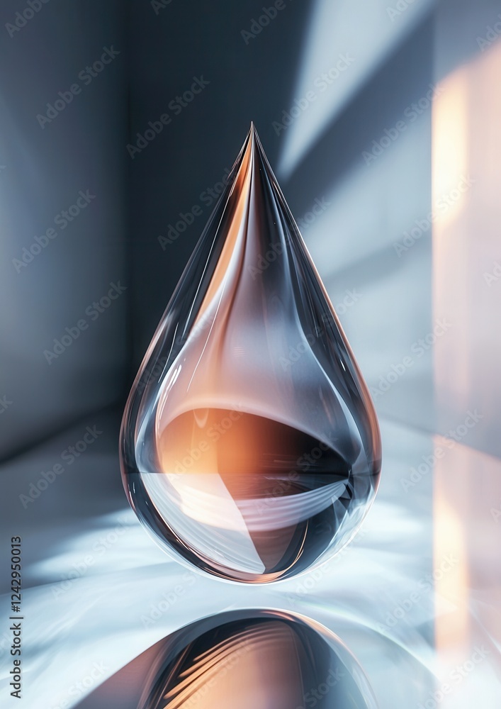 Poster 3d rendering of a glass droplet. the droplet is in the shape of a teardrop and is made up of multipl