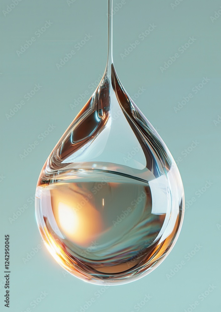 Poster close-up of a glass droplet hanging from a thin wire. the droplet is in the shape of a teardrop and 