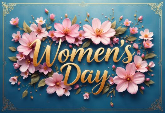 Ornate golden text "Women's Day", pink cherry blossoms, teal blue background, intricate floral border, 3D lettering effect, spring theme, elegant typography, soft pastel colors, delicate petals, festi