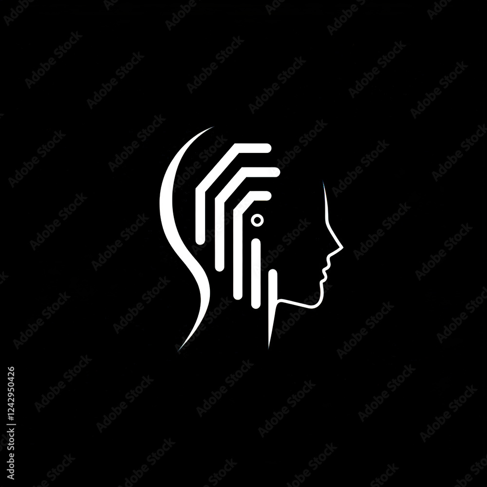 Poster modern technology merging with human identity in a black and white conceptual design emphasizing the