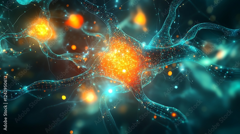 Poster a vibrant digital representation of big data clusters merging seamlessly into neural pathways, glowi