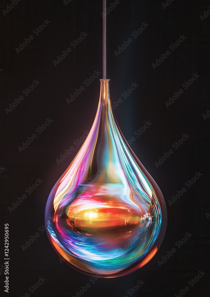 Poster close-up of a colorful pendant light hanging from a thin wire. the light is in the shape of a teardr