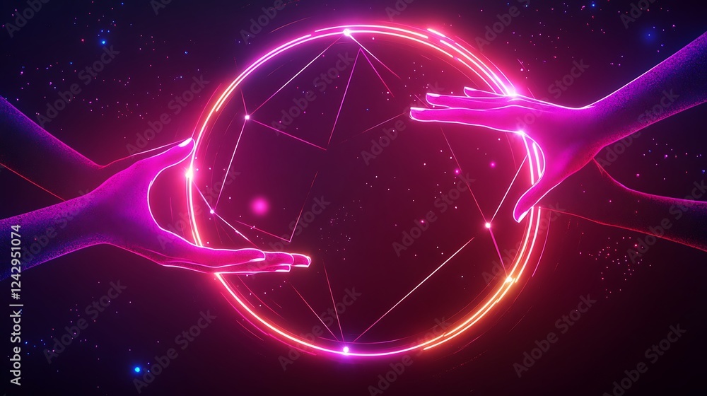 Poster a vivid circle of hands connected by flowing neon lines, creating geometric triangles with radiant p