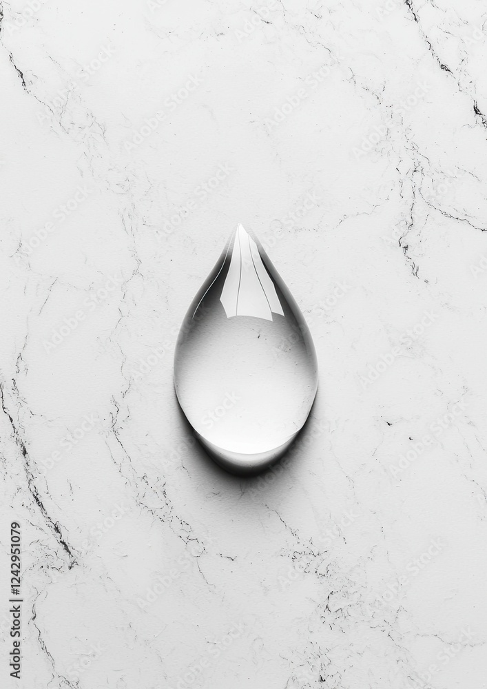 Poster black and white photograph of a single drop of water on a white marble surface. the drop is in the c