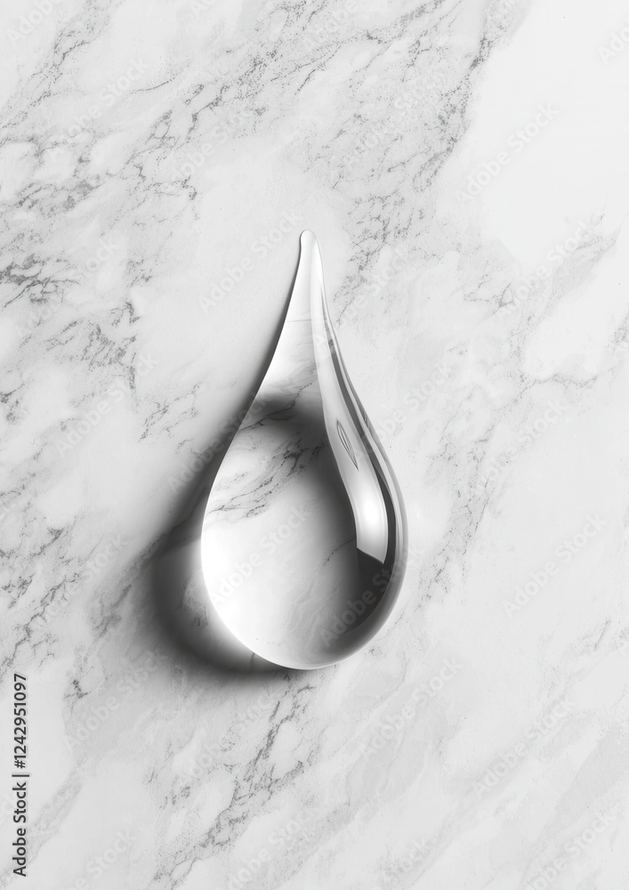Poster black and white photograph of a teardrop-shaped object on a white marble surface. the object appears