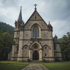 Fototapeta premium Majestic Stone Church in Green Hills Landscape Photography