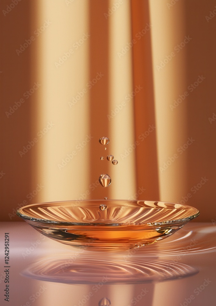 Aufkleber close-up of a glass bowl with a single drop of water falling into it. the bowl is placed on a reflec