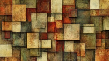 An intricate grid of layered squares and rectangles in earthy tones of brown, beige, and olive green, with a mosaic