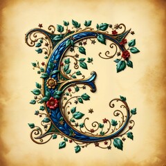Ein mittelalterliches „E“, geschmückt mit goldenen Filigranmustern, floralen Ranken, eleganten Verzierungen in Smaragdgrün und Saphirblau auf gealtertem Pergament symbolisiert historische Schriftkunst