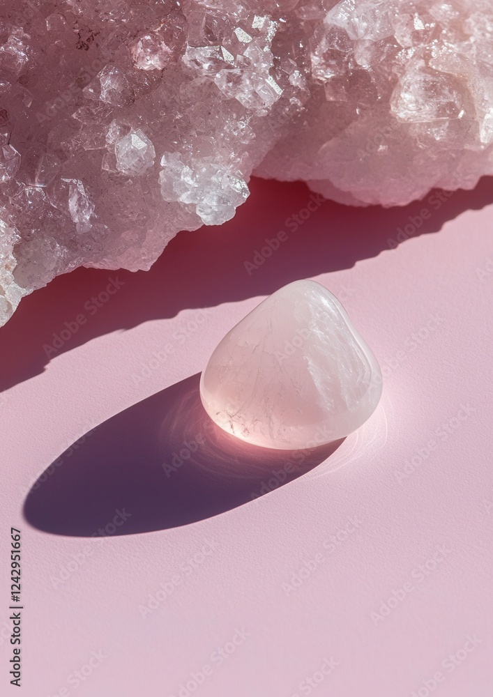 Poster close-up of a single rose quartz gemstone on a pink background. the gemstone is in the shape of a he
