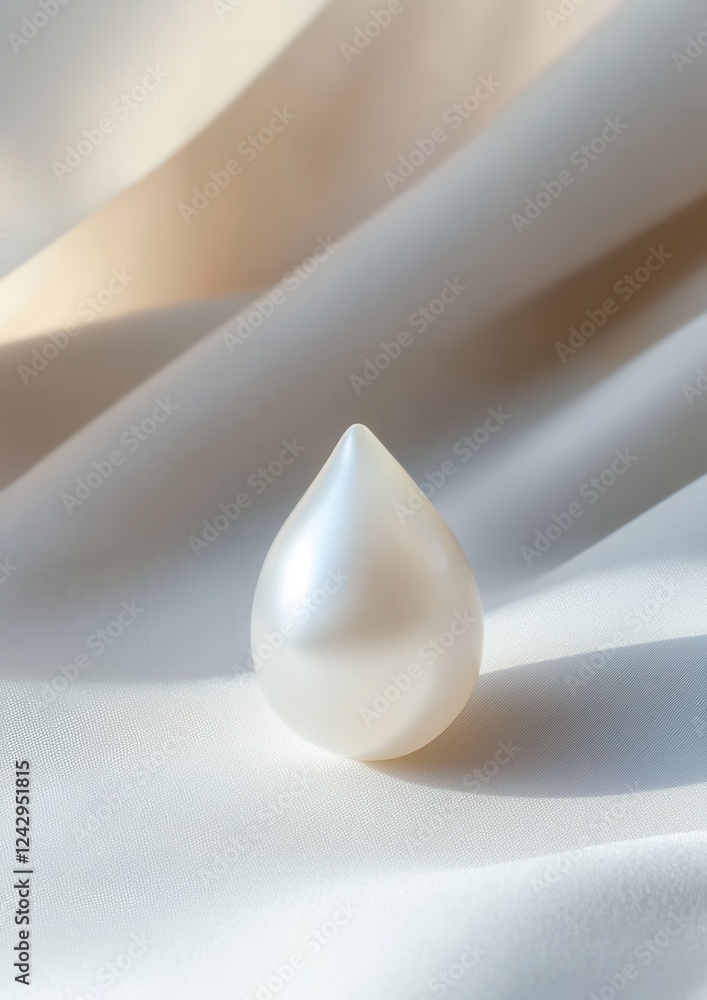 Poster close-up of a single white pearl on a white fabric background. the pearl is in the shape of a teardr