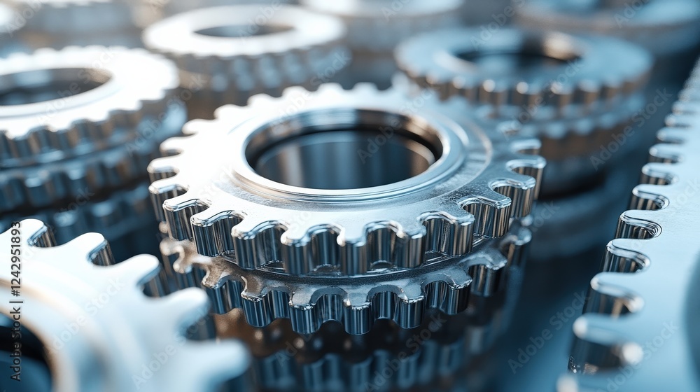 Aufkleber close-up view of shiny metallic gears interlocked in a mechanical assembly, showcasing precision eng