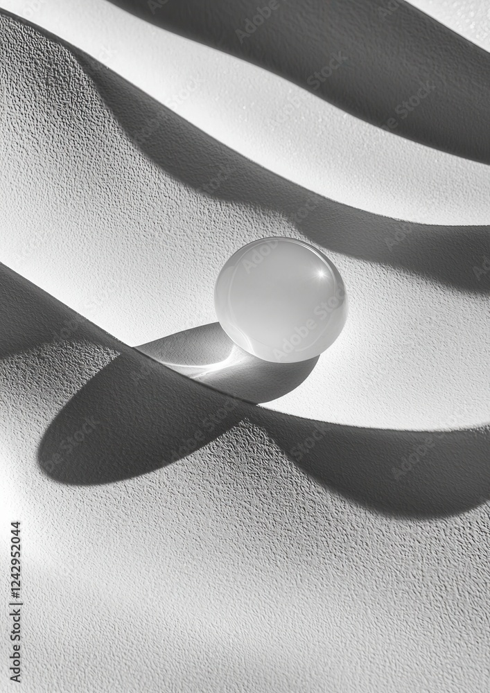 Poster black and white photograph of a single white sphere on a gray surface. the sphere is in the center o