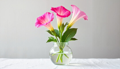 Morning glories in a small glass vase on a white table with a soft natural background