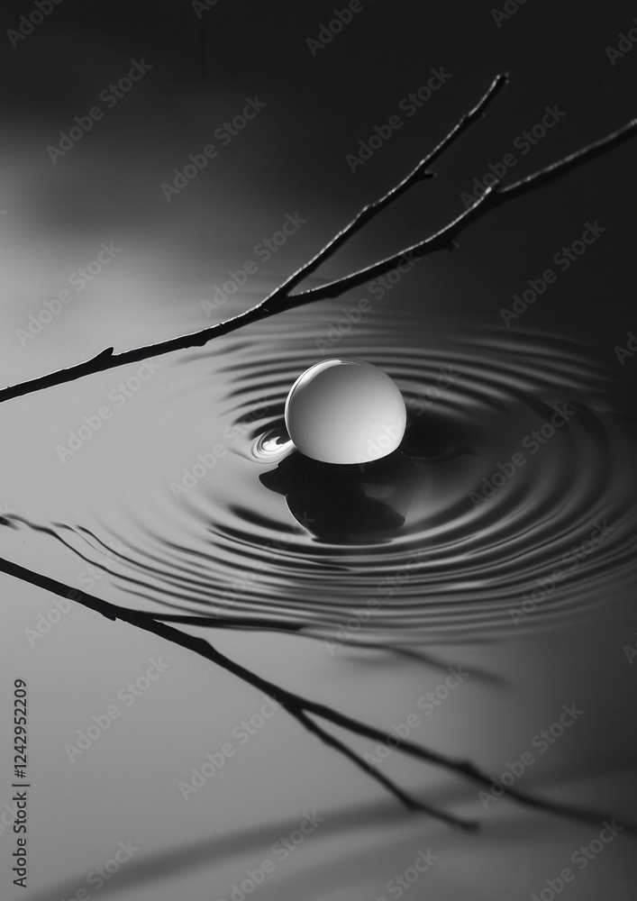 Aufkleber black and white photograph of a single drop of water in the center of a rippled surface. the drop is