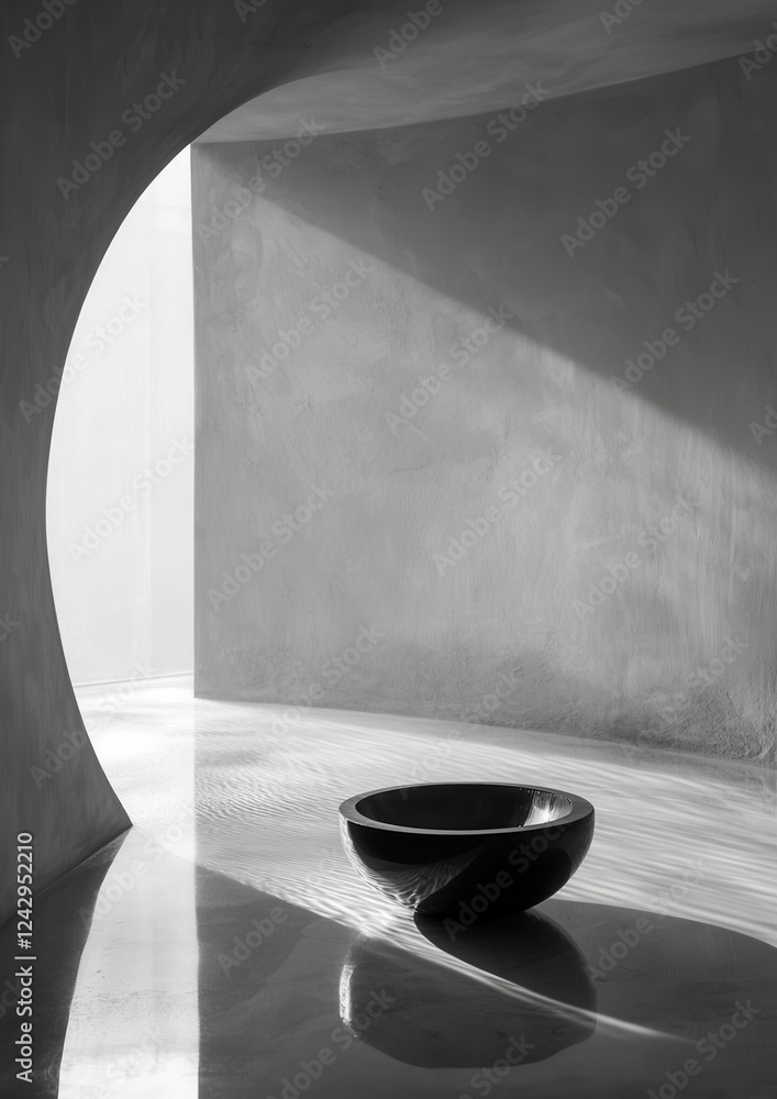 Poster black and white photograph of an empty room with a curved archway on the left side. the archway is m