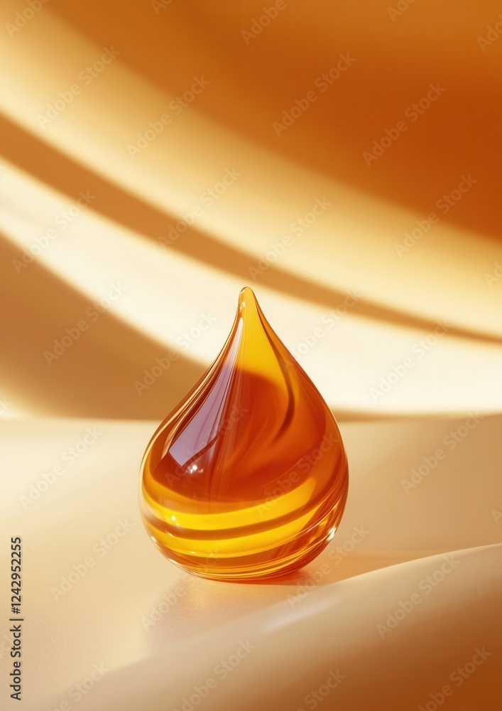 Poster close-up of a single drop of oil on a white surface. the drop is in the shape of a teardrop and is m