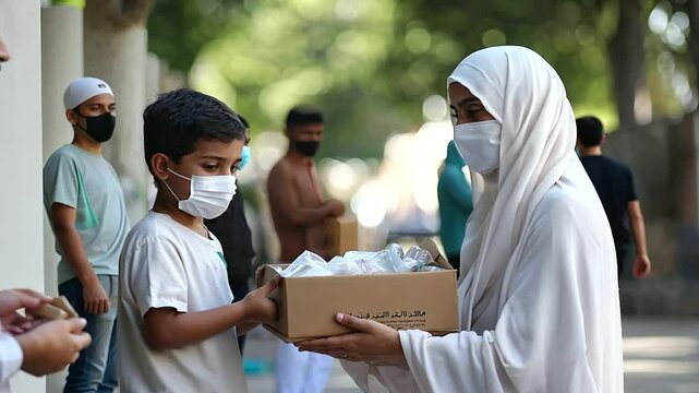 Family Distributing Zakat al-Fitr Charity Before Eid Prayers