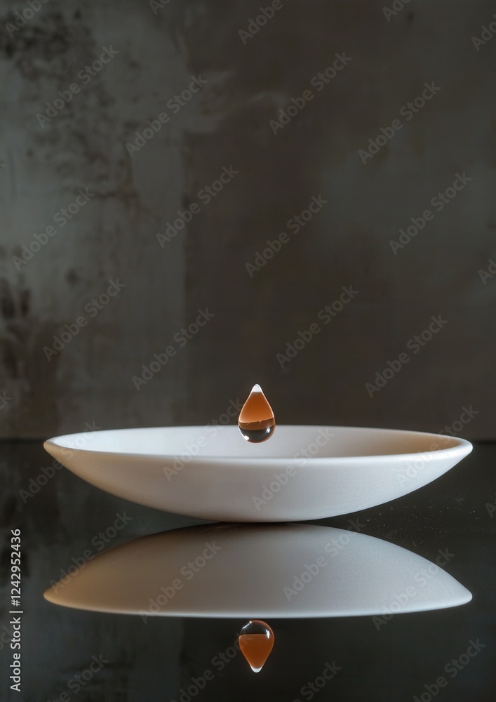 Poster photograph of a white bowl with a single drop of water on top of it. the bowl is placed on a reflect