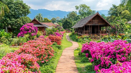 Winding path, flower garden, village houses, mountain view; travel brochure