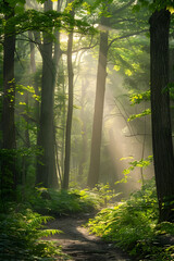 Ethereal Misty Morning in a Dense Forest Illuminated by Gentle Sunlight