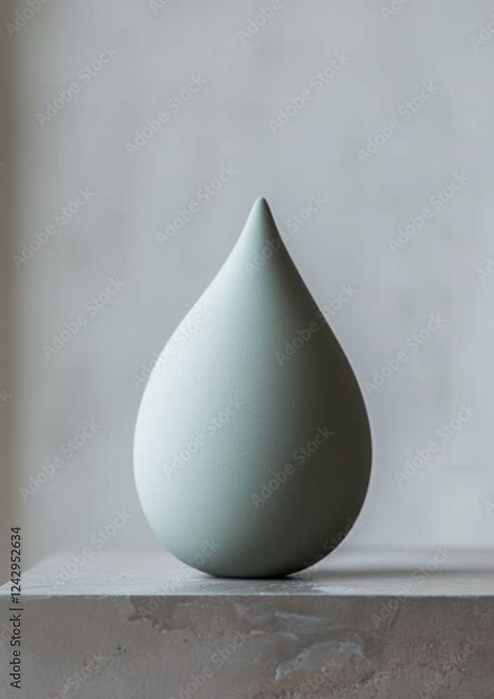 Poster close-up of a single, light green, teardrop-shaped object on a concrete surface. the object appears 
