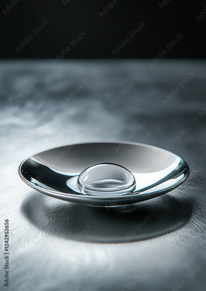 Poster close-up of a silver plate with a small circular lid on top. the plate is resting on a textured surf