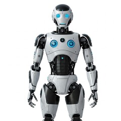 Ein humanoider, intelligenter Roboter vor weißem Hintergrund
