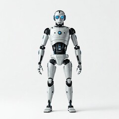 Ein humanoider, intelligenter Roboter vor weißem Hintergrund