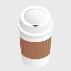 A detailed illustration of a disposable coffee cup with a white lid and a textured brown sleeve