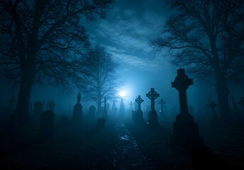 Eerie graveyard at night with fog, moonlight, and haunting shadows in gothic scenery- Halloween theme
