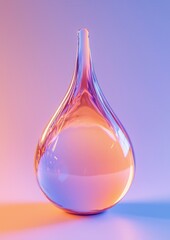 3d rendering of a glass vase. the vase is in the shape of a teardrop with a narrow neck and a wide base. it is made of transparent glass and has a gradient of colors - pink, orange, and blue.
