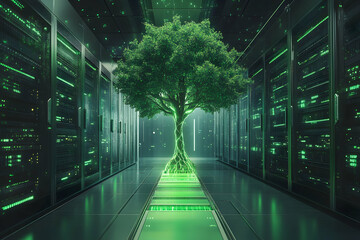 Futuristic data center with glowing green tree signifying sustainability and technology integration