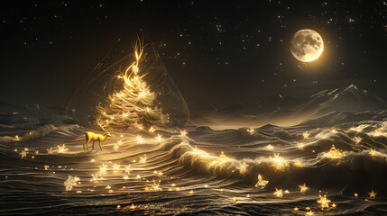 3d modern art mural wallpaper night landscape, white clouds with dark background. Golden Christmas tree, mountain, golden deer, light moon, golden and black waves. for wall decoration