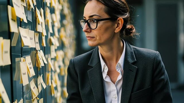 Focused Businesswoman Analyzing Sticky Notes