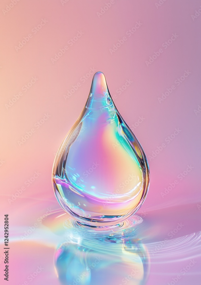 Poster 3d rendering of a single drop of water on a pink and purple gradient background.