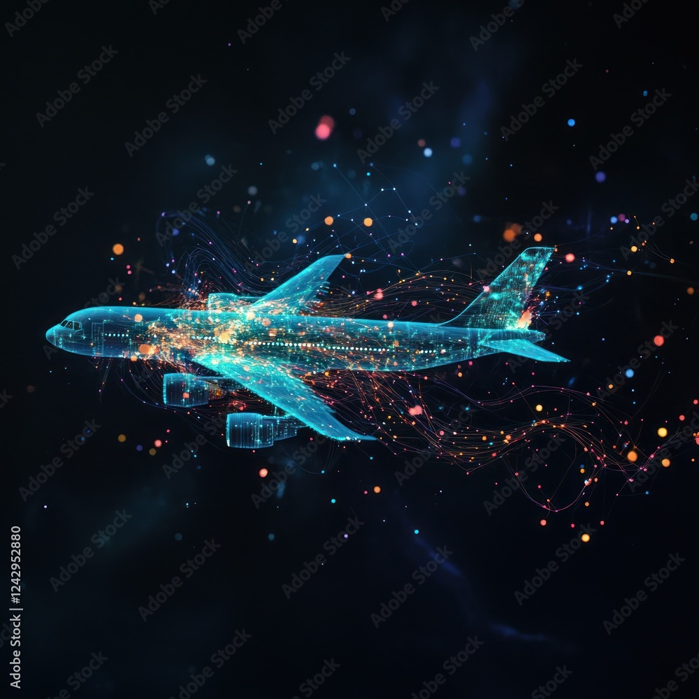 Poster digital airplane flies through a dark space with light particles. illustration for tech concepts