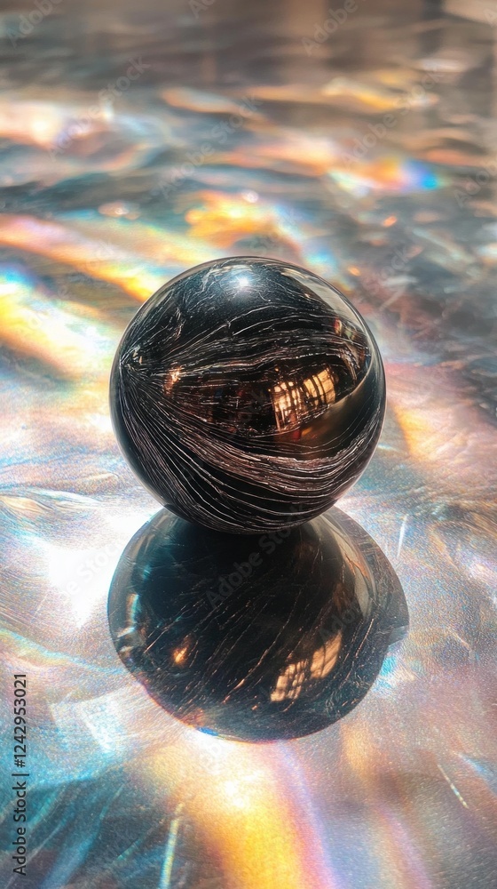Poster a glossy, dark orb sits serenely, capturing surrounding light and reflections. its mesmerizing patte