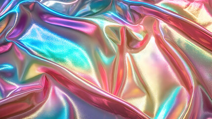 Fototapeta premium Iridescent holographic fabric with colorful shiny waves and light reflections