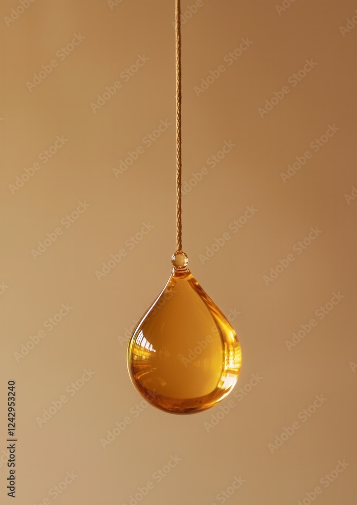 Aufkleber close-up of a single drop of amber-colored liquid hanging from a thin, gold-colored string. the drop