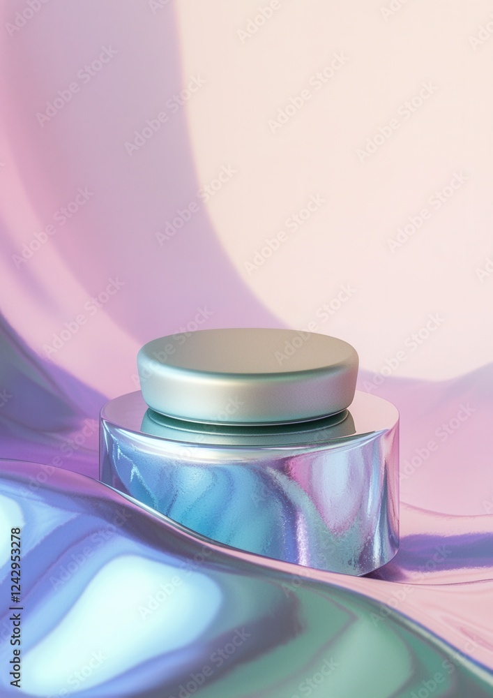 Poster close-up of a round, metallic jar with a silver lid. the jar is placed on a pink and purple abstract